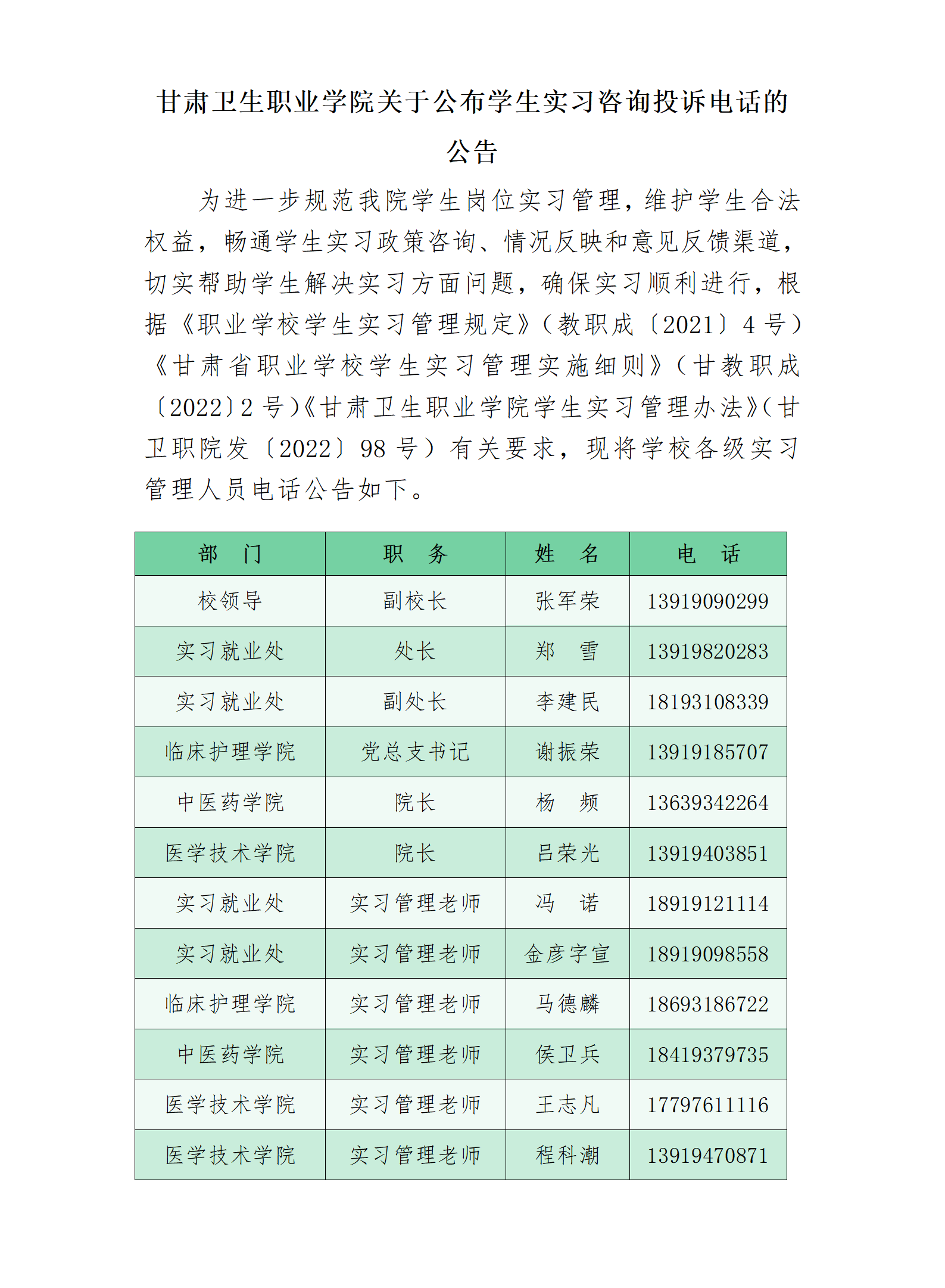 1686902360216066852.png 230616甘肅衛(wèi)生職業(yè)學(xué)院關(guān)于公布學(xué)生實(shí)習(xí)咨詢投訴電話的公告_01.png